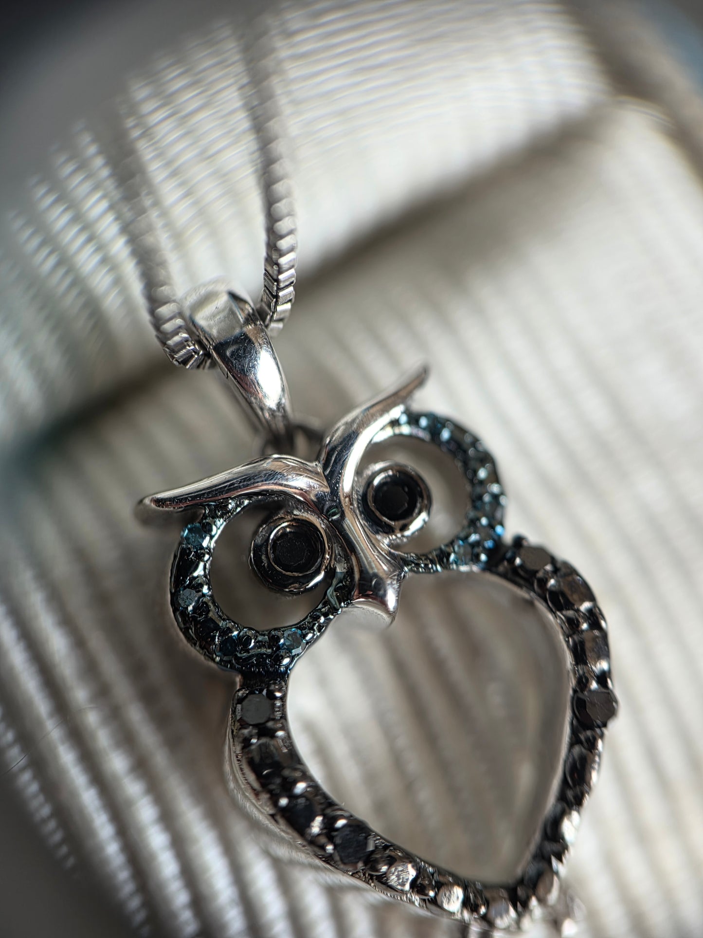 Adorable Black & Blue Diamond Accented Owl Sterling Silver Pendant Necklace 18" Box Chain