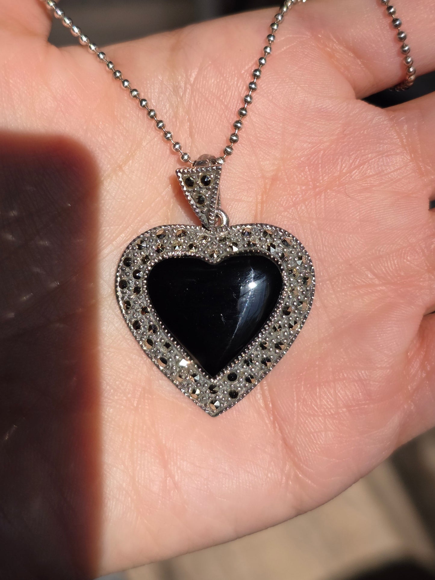 Amazing Sterling Silver Black Onyx Heart & Marcasite Large Pendant (NO CHAIN)