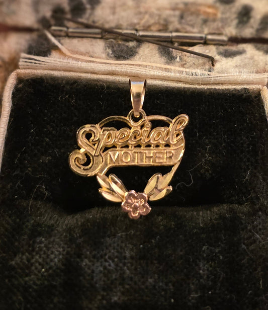 14k Gold "Special Mother" Heart Pendant Rose Gold Accent Flower (NO CHAIN)