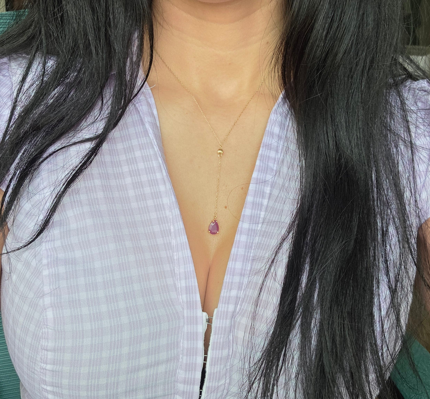 Dainty 10k Gold Pear Cut 2.50ct Ruby Lariat Y Drop Necklace 16"