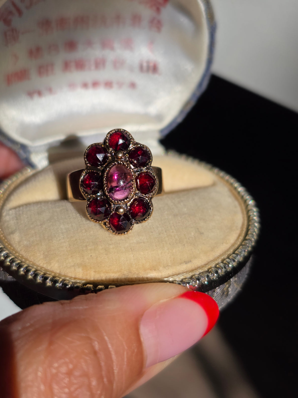 Victorian Style Antique 14k Gold Garnet + Amethyst Cabochon Cluster Statement Ring Size 7