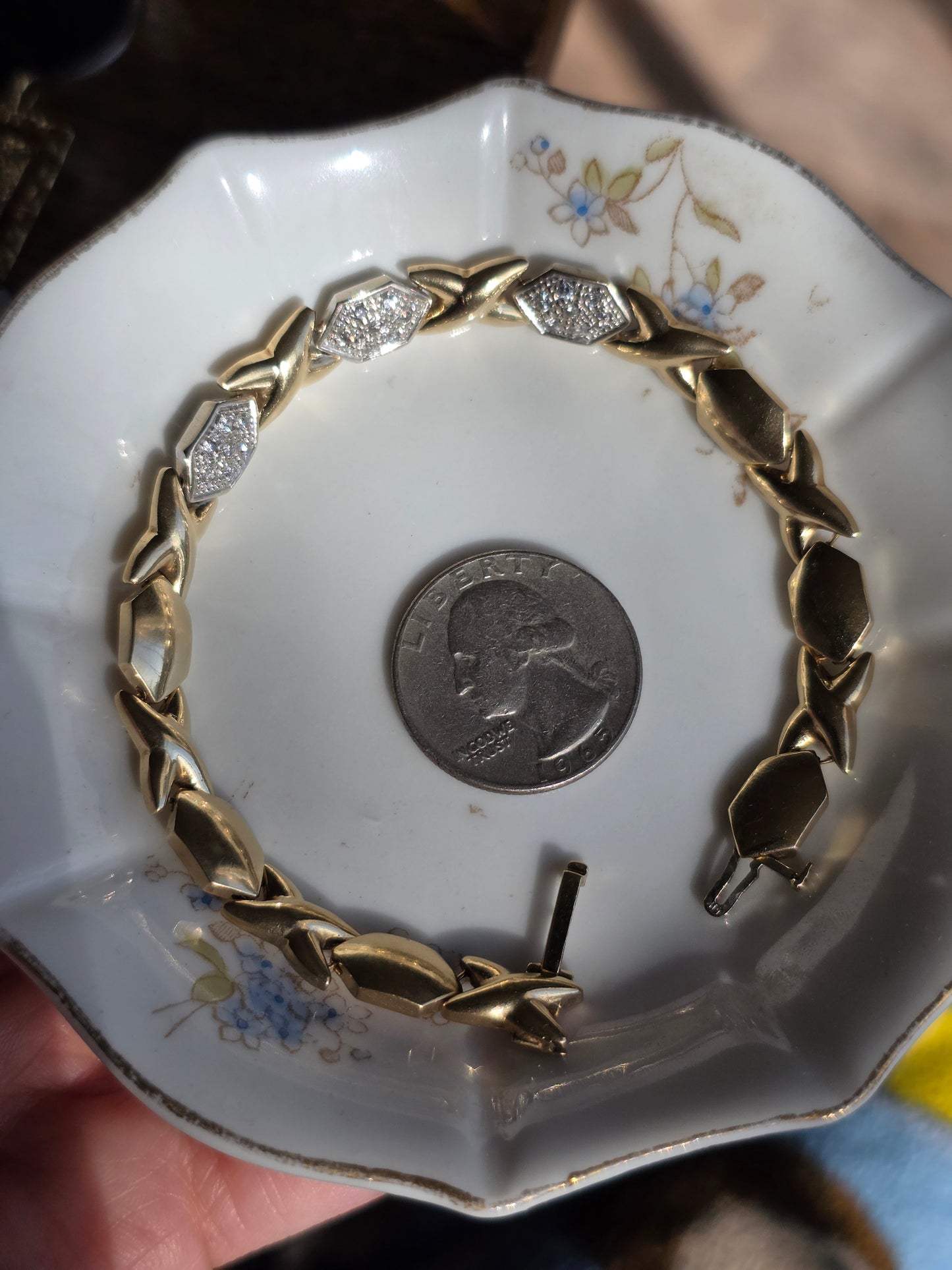 Amazing Two Toned 14k X Link Elongated Hexagon White Gold and Diamond Bracelet 7.5"