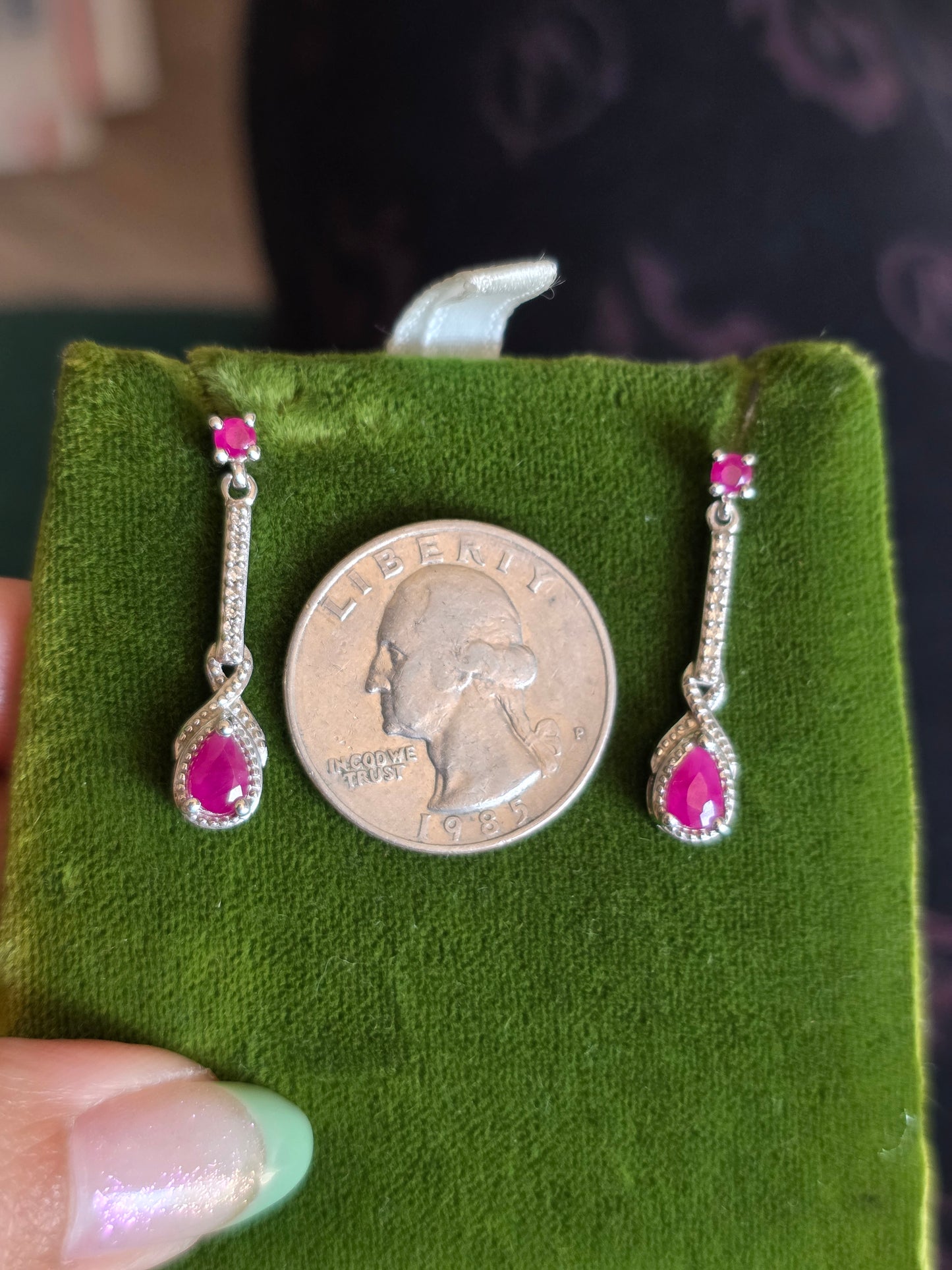 Pretty Sterling Silver .74TCW Ruby and White Topaz Drop Dangle Earrings