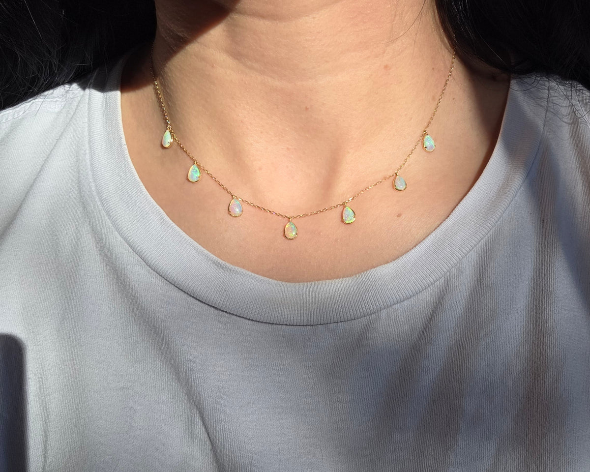 18k Golden Drops Of Fire Opal Dangle Delicate Necklace 15"