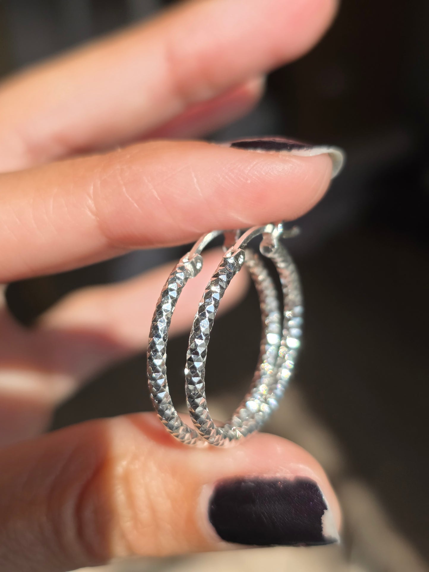 Medium 24mm Textured Sparkling Sterling Silver Hoops Earrings