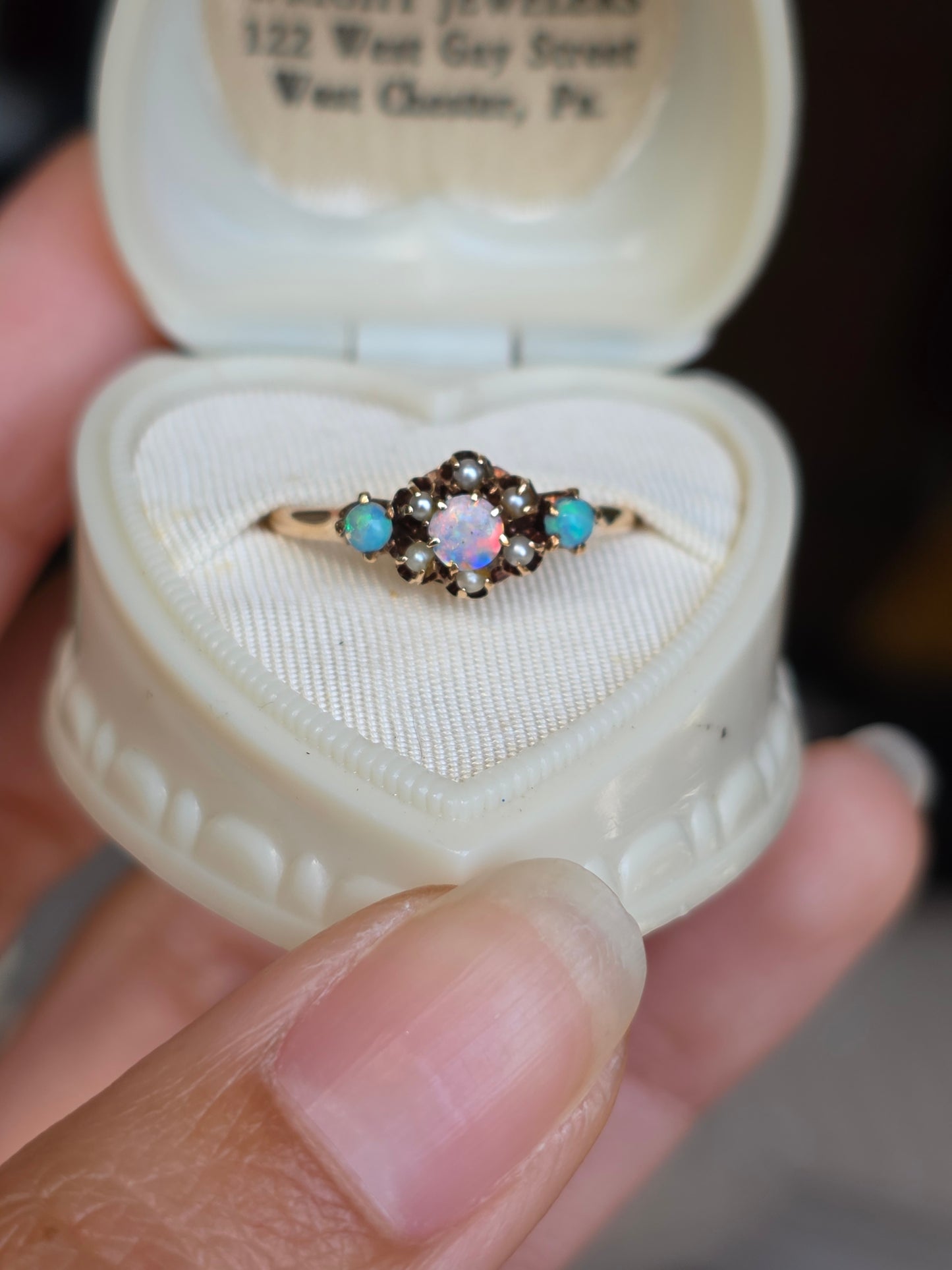 Beautiful Vintage 10k Rose Gold Opal and Seed Pearl Ring Size 6