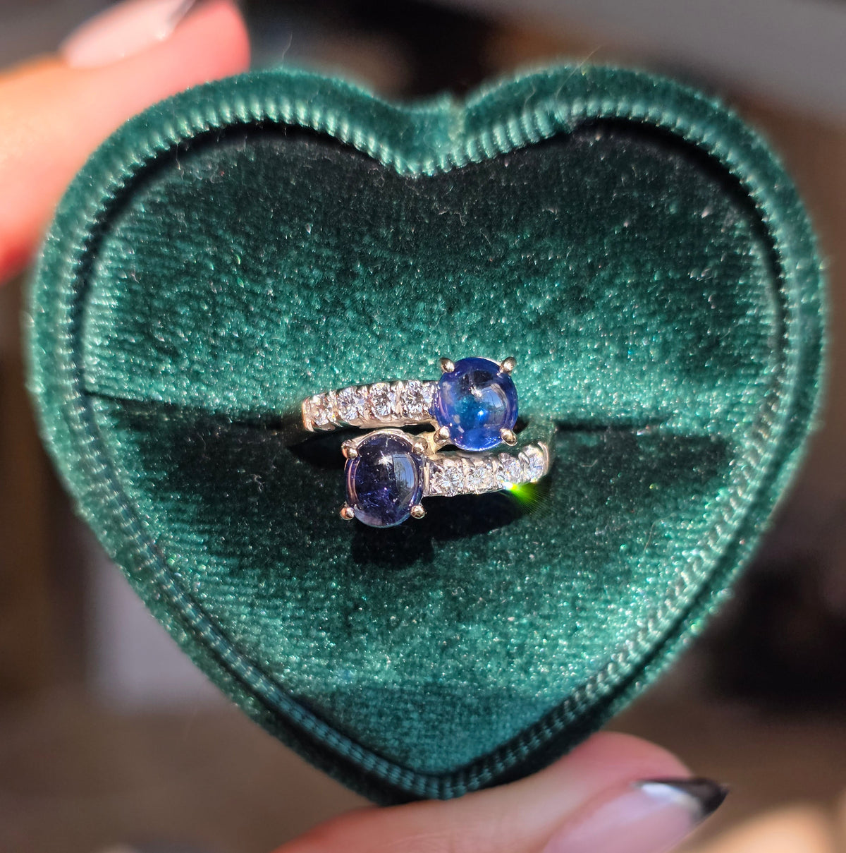 Gorgeous 18k White Gold 2.04TCW Natural Sapphire Cabochon & Diamond Bypass Statement Ring Size 4.75
