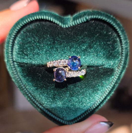Gorgeous 18k White Gold 2.04TCW Natural Sapphire Cabochon & Diamond Bypass Statement Ring Size 4.75