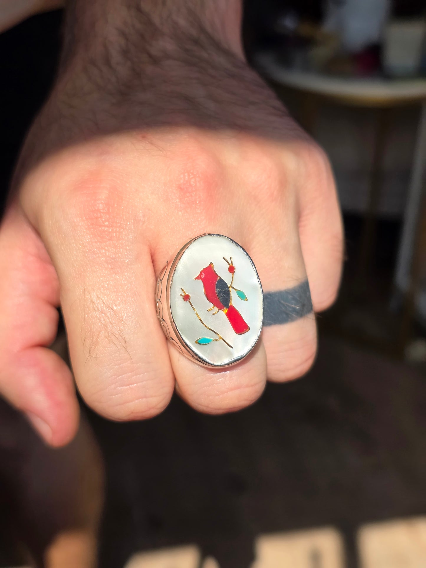 Amazing Solid Sterling Silver Heavy 1 OZ+ Gemstone Inlay Southwestern Style Bird Oval Signet Statement Ring Size 10.5