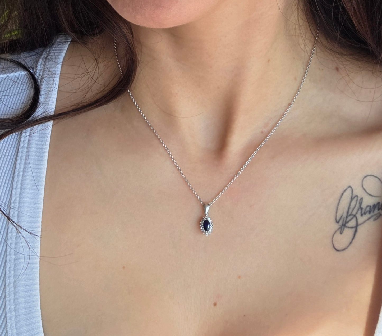 Beautiful Dainty White Gold Sapphire Diamond Pendant With Solid White Gold Cable Link Chain 16" 14k/10k