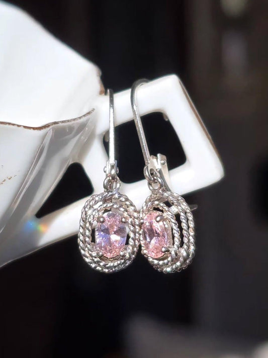 Pretty Sterling Silver Pink CZ Stone Dangle Earrings