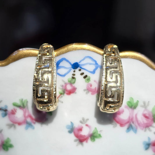 Solid Made 14k Gold Greek Pattern Half Hoops Earrings