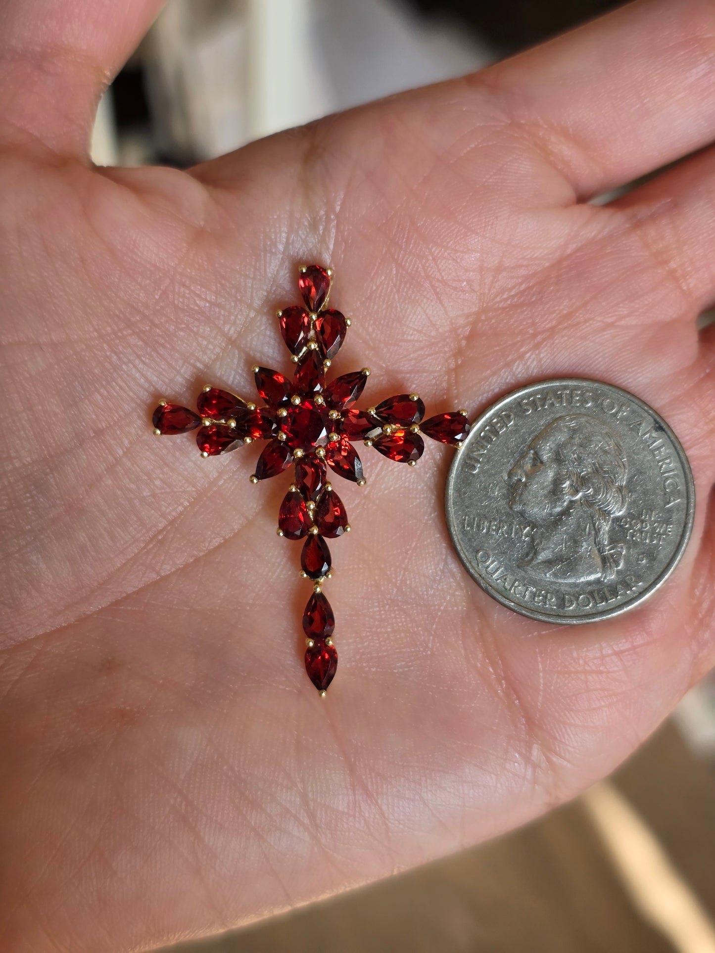 Crimson Red 10k Gold Large Garnet Cross Pendant (NO CHAIN)