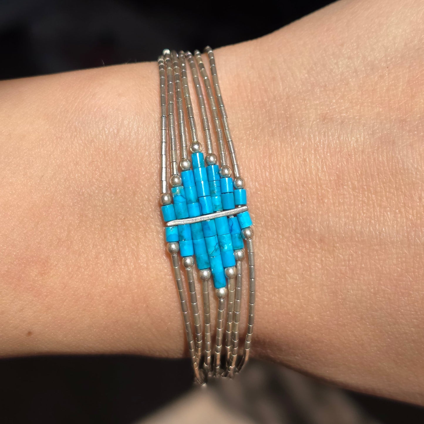 Liquid Silver 925 Sterling Turquoise Bead Geometric Multistrand Bracelet 6.75"
