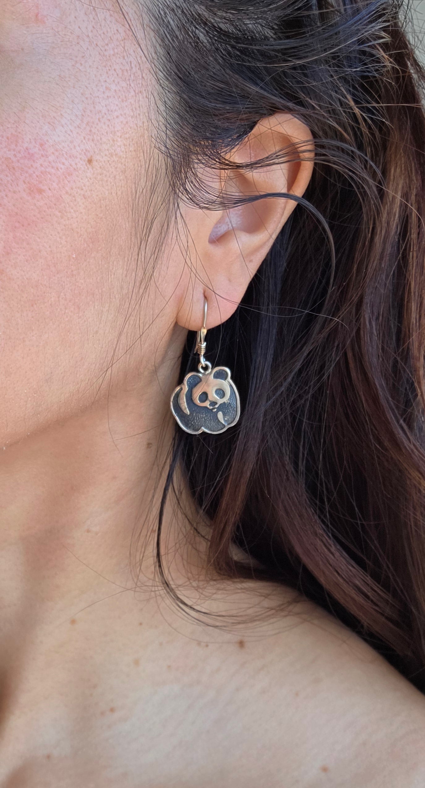 Solid Sterling Silver Panda Bear Dangle Earrings