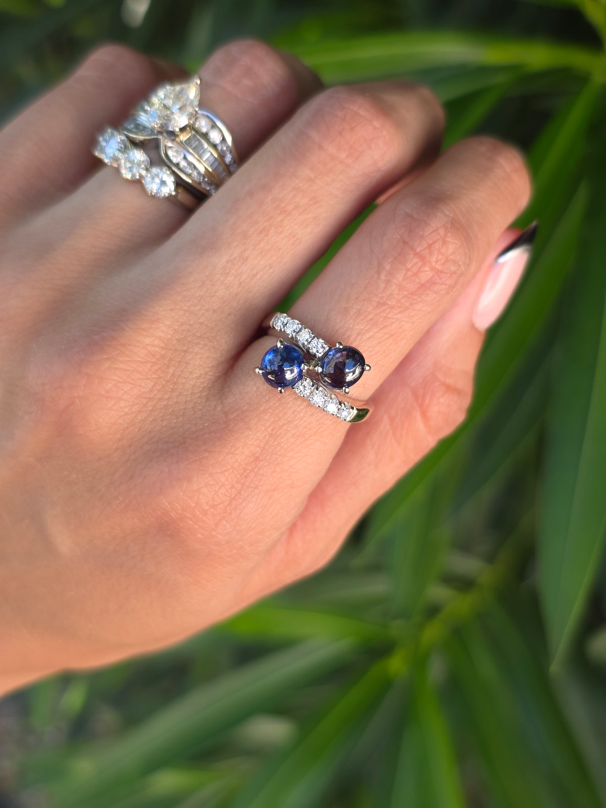Gorgeous 18k White Gold 2.04TCW Natural Sapphire Cabochon & Diamond Bypass Statement Ring Size 4.75