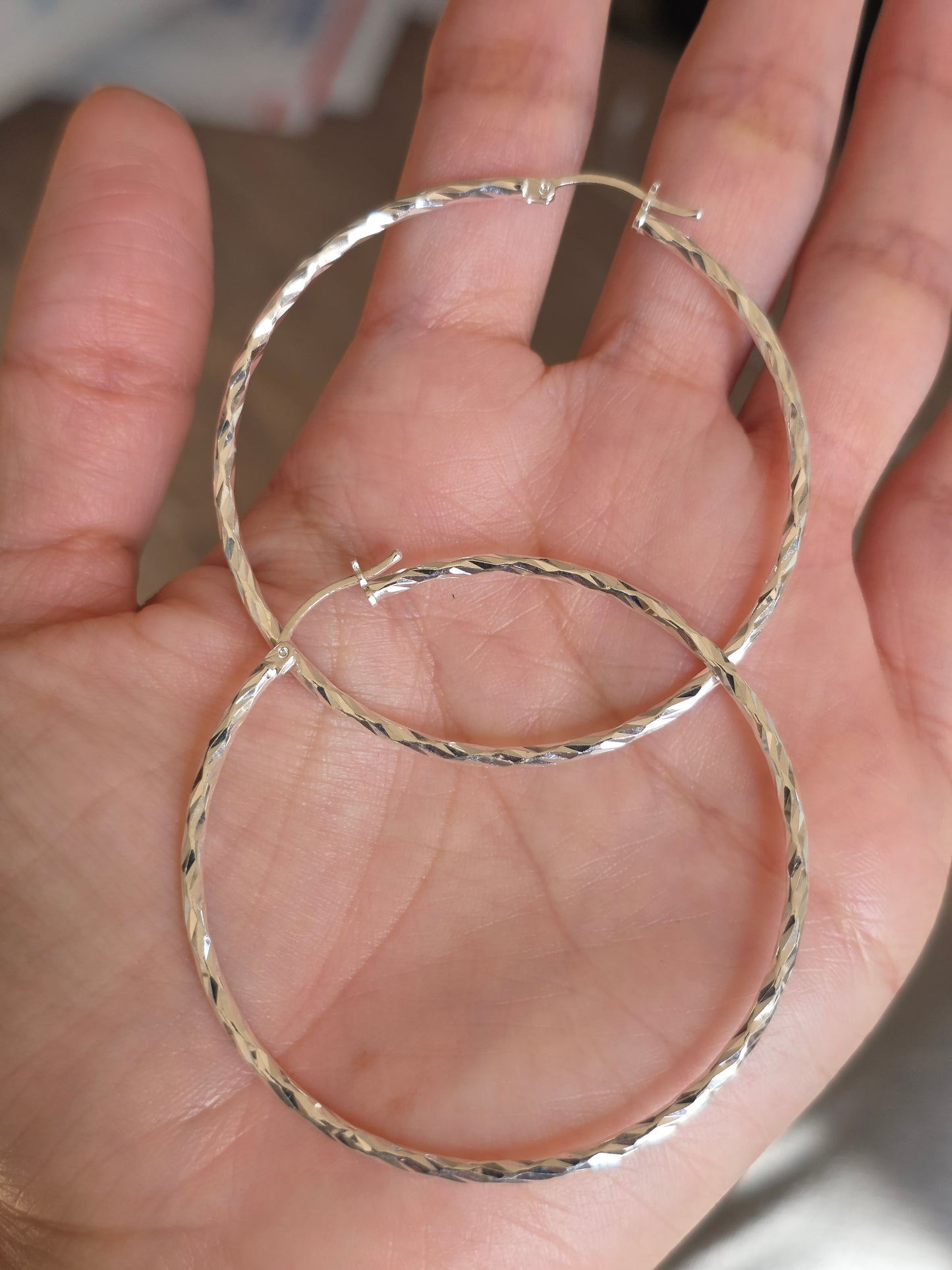 Big 54mm (2.1") Diamond Cut Sterling Silver Hoops Earrings