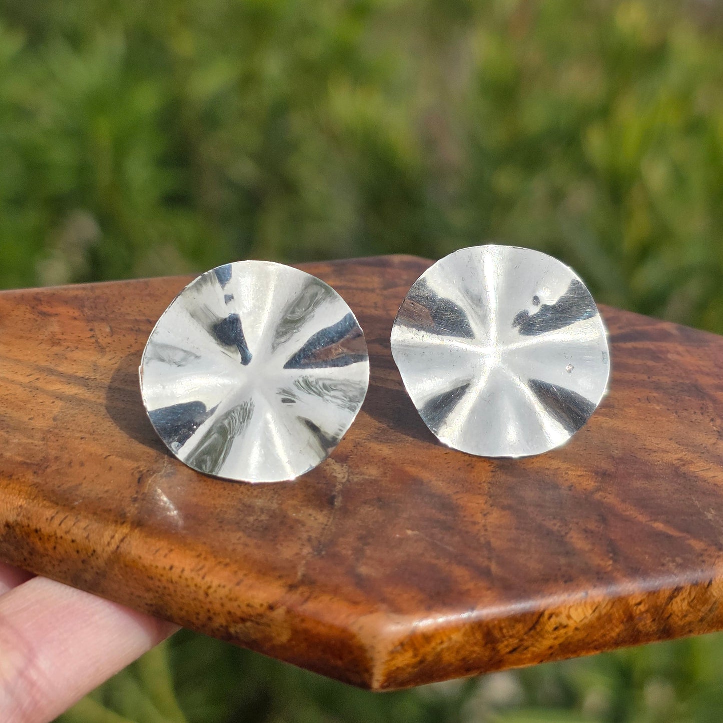 Sterling Silver Round Wavy Disc 24mm Wide Button Stud Statement Earrings