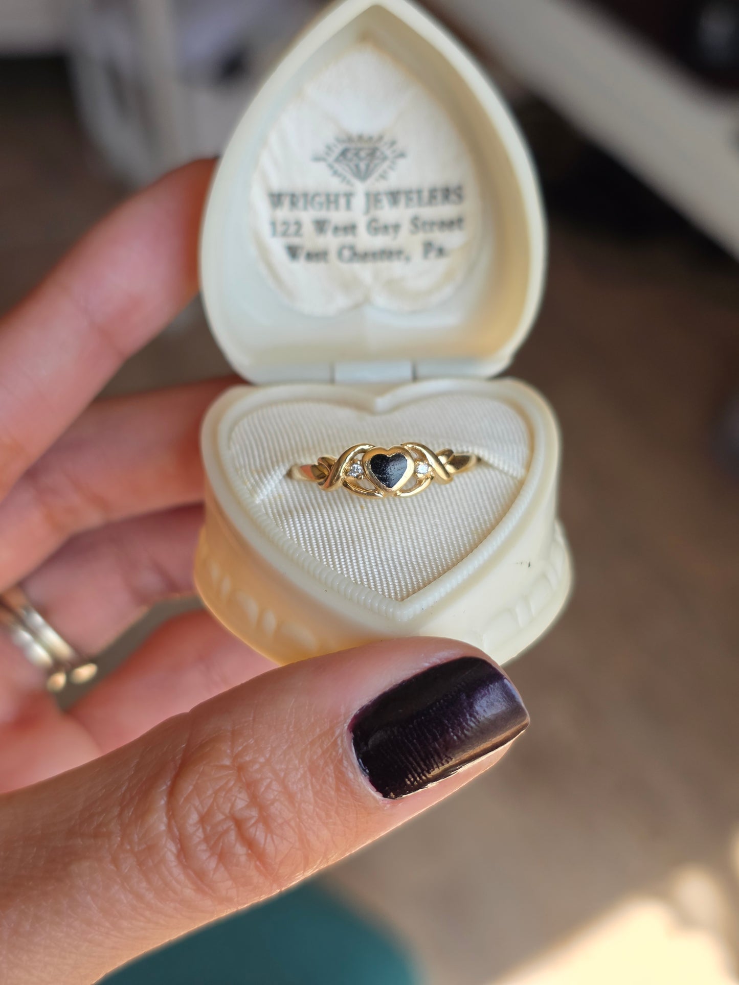 Adorable 14k Kabana Black Enamel Heart Diamond Ring Size 6
