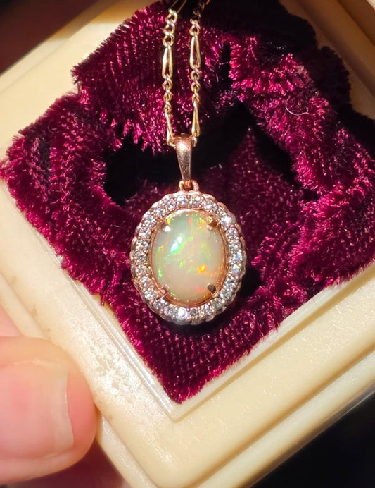 Stunning 10k Rose Gold Natural Fire Opal Cabochon and Diamond Halo Pendant (NO CHAIN)