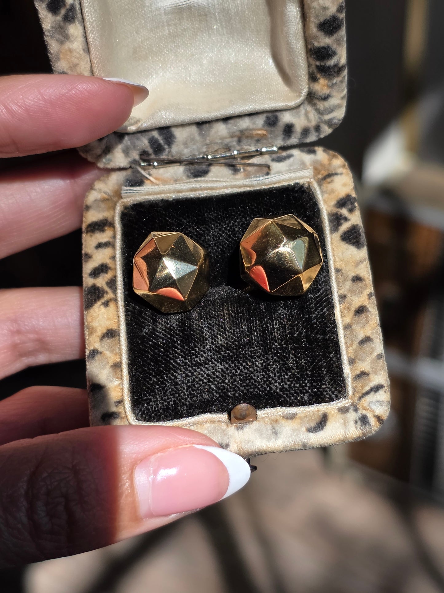 14k Gold Faceted Geometric Sphere Big Bead Modernist Button Statement Earrings