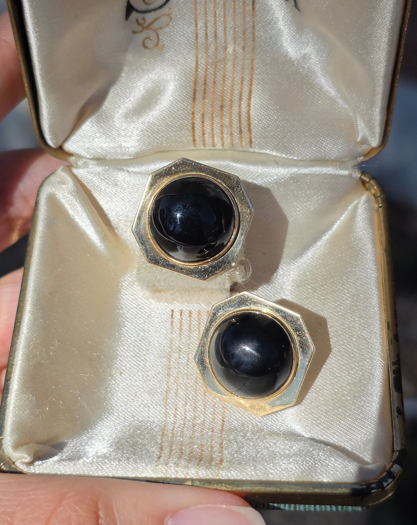 Geometric 14k Gold Onyx Cabochon Statement Button Earrings