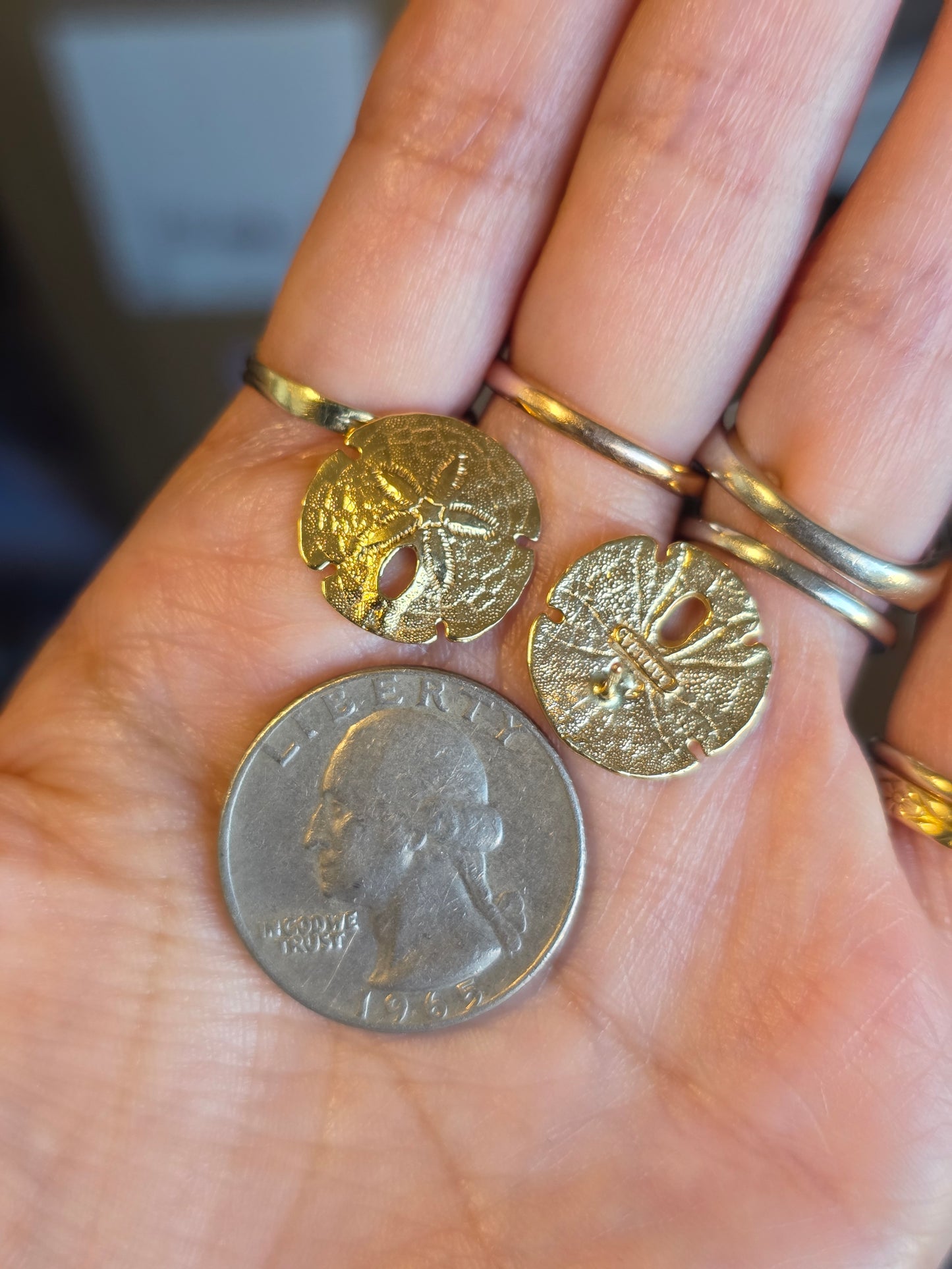 Lovely 14k Gold Solid Made Sand Dollar Button Earrings Studs
