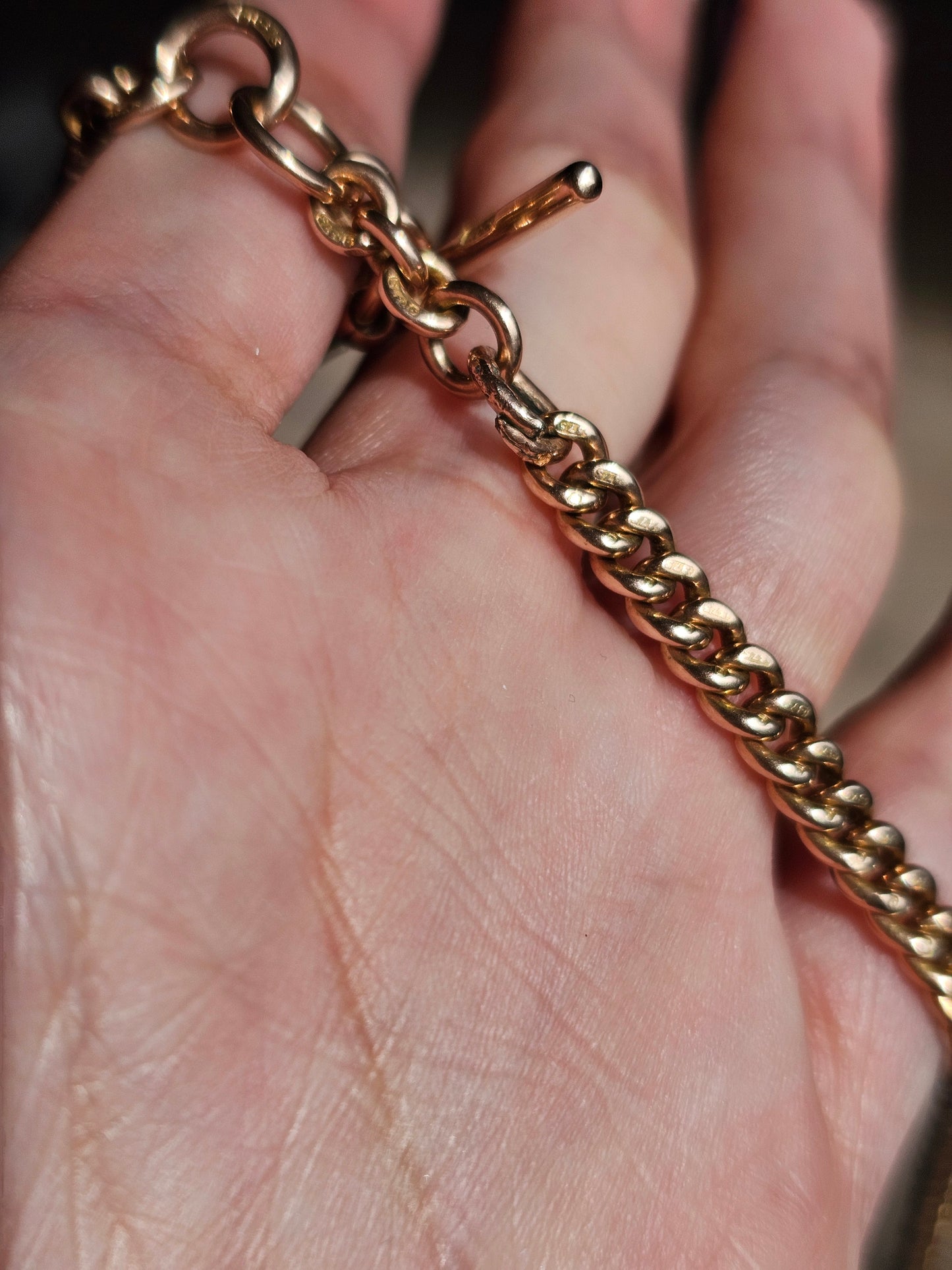 Beautiful Antique 9k Rosey Yellow Gold Tight Curb Watch Chain With T Bar Dangle 16.25"