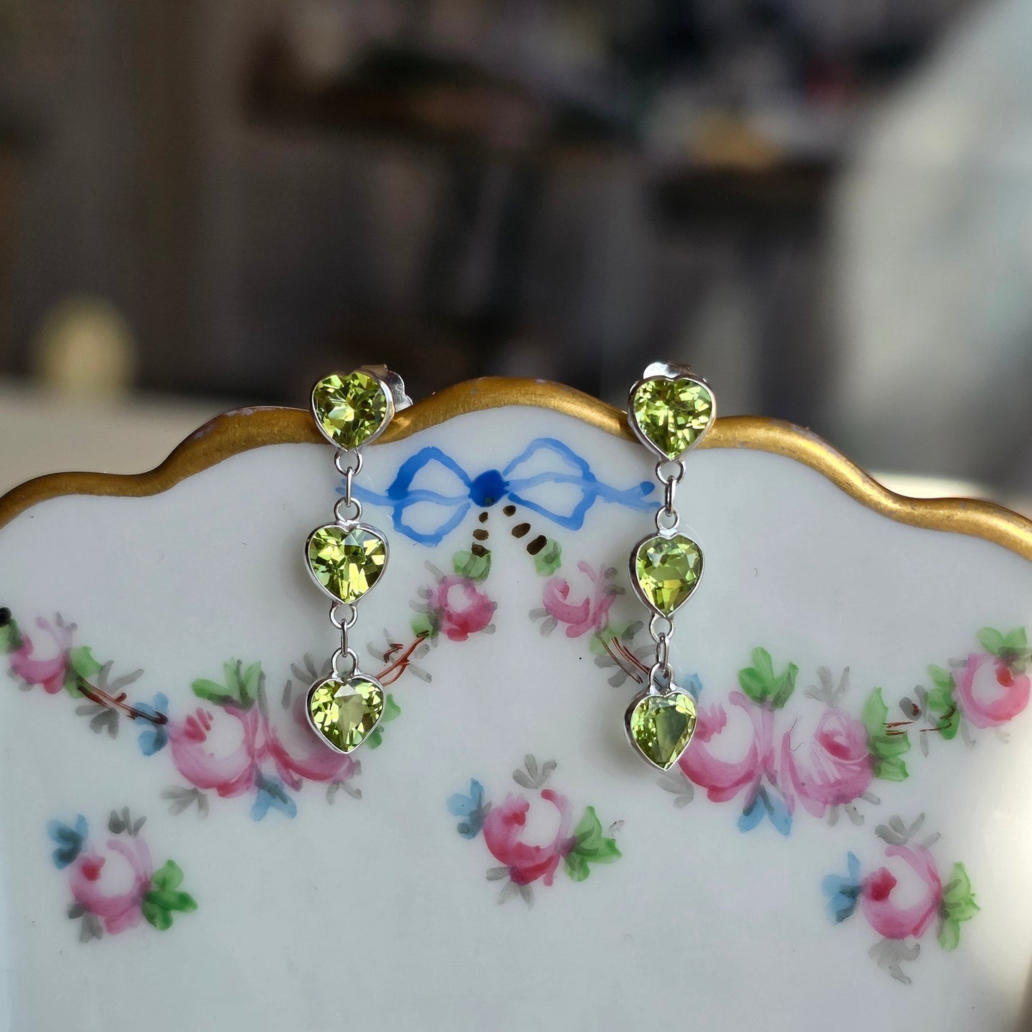 Pretty 14k White Gold Triple Heart Peridot Dangle Earrings August Birthstone