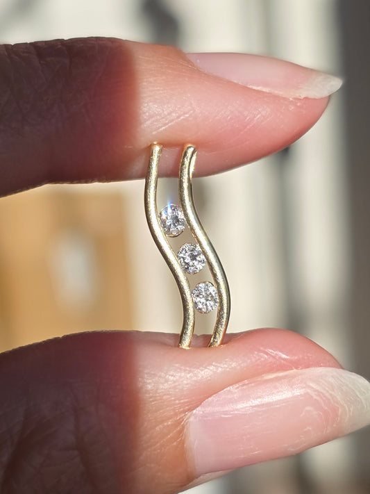 Unique 14k Gold 3 Diamond Wavy Ladder Modernist Style Pendant (NO CHAIN)