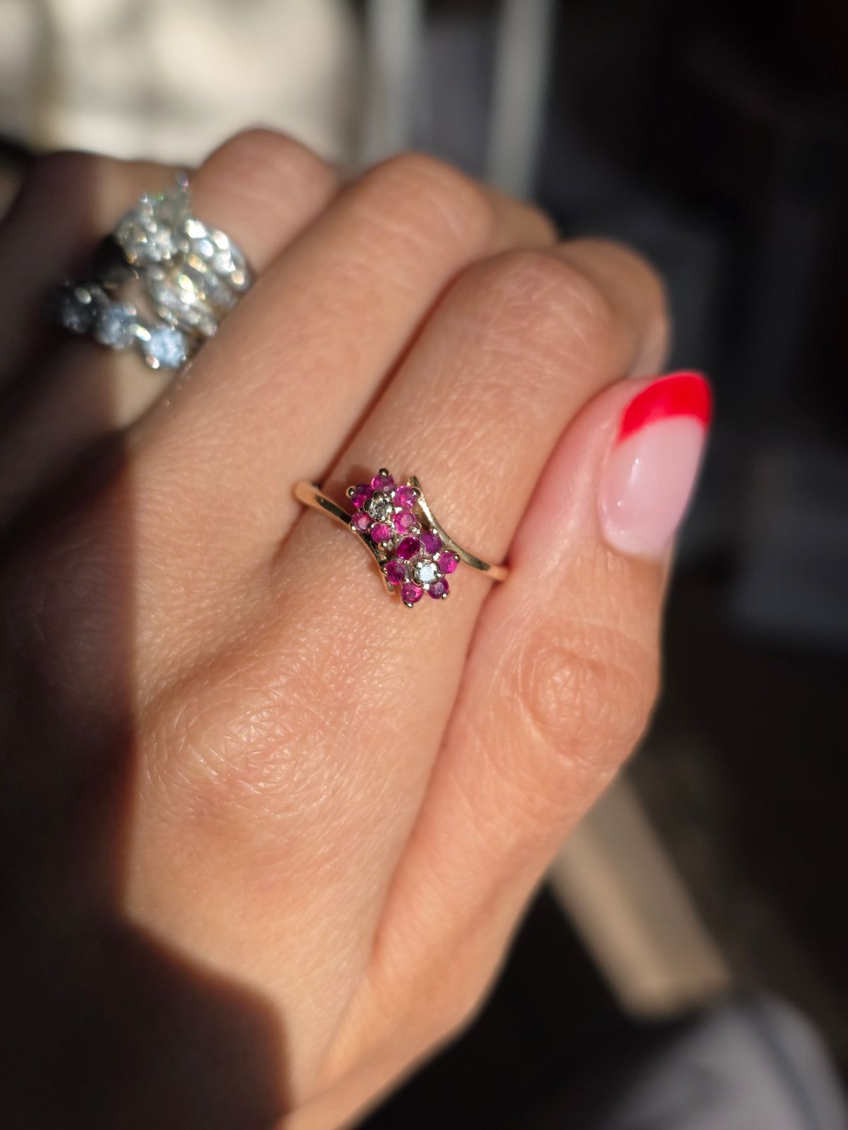 10k Ruby And Diamond Flowers Bypass Statement Ring