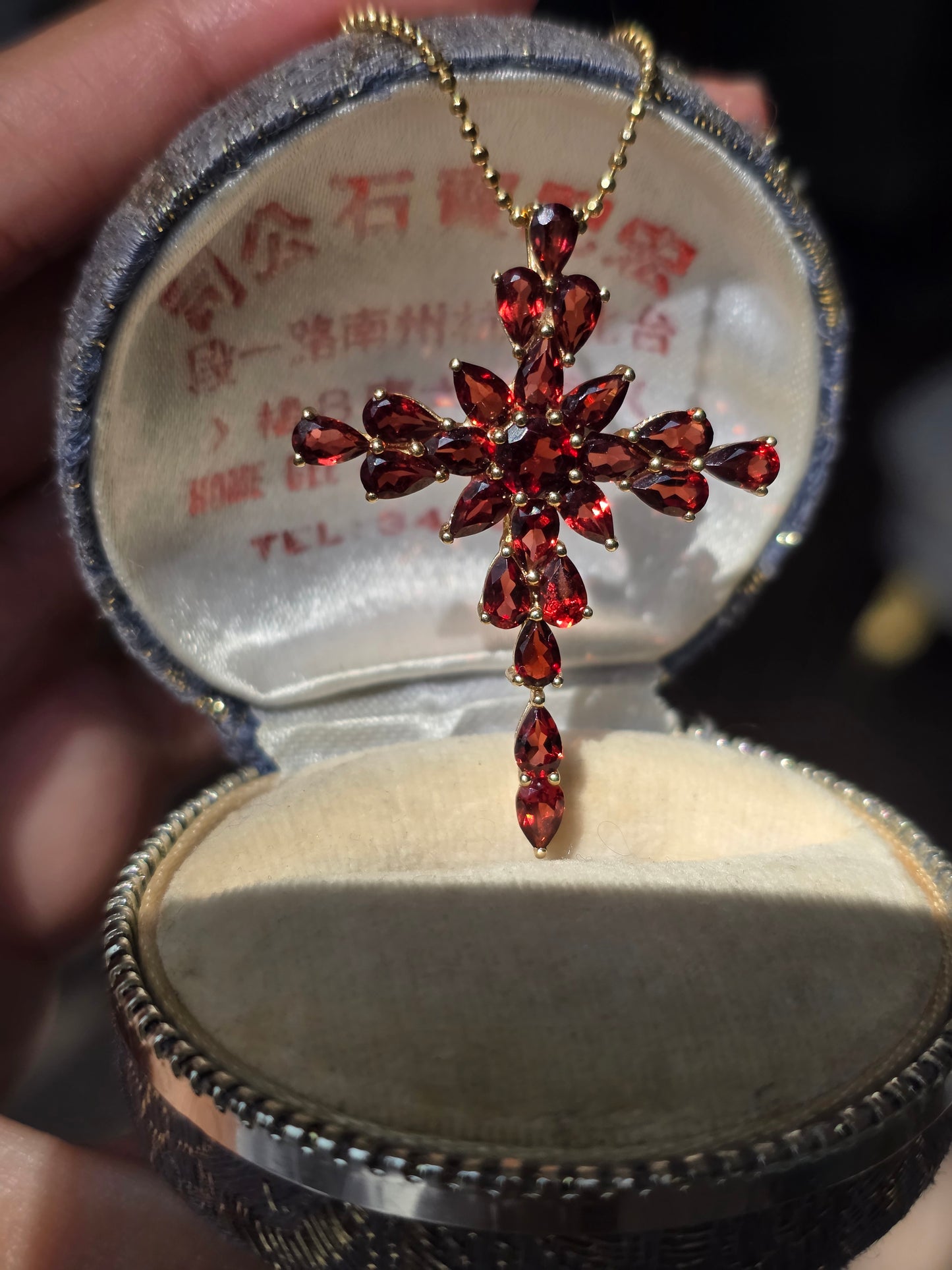Crimson Red 10k Gold Large Garnet Cross Pendant (NO CHAIN)