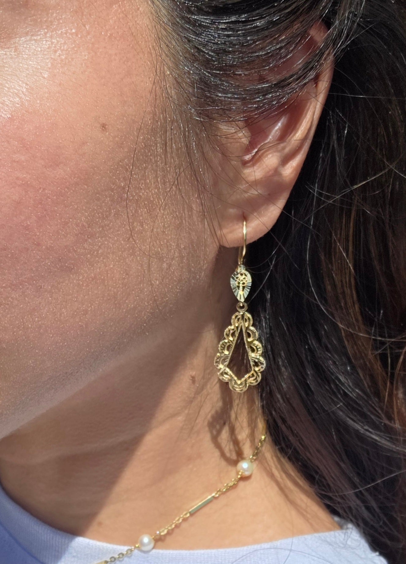 Made in Turkey 14k Gold Diamond Cut Filigree Teardrop Dangle Drop Earrings