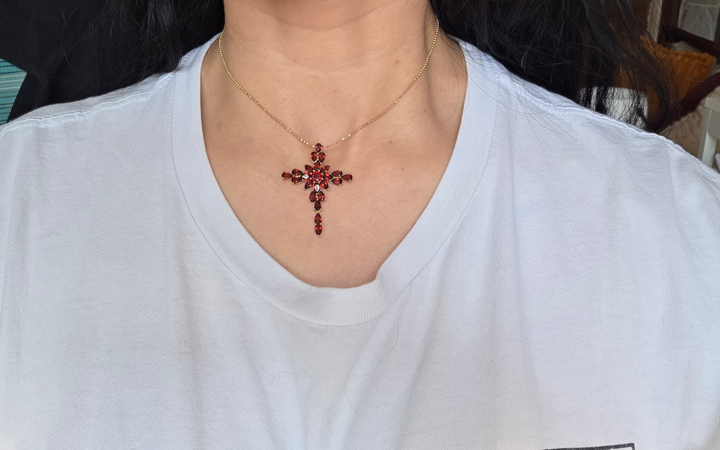 Crimson Red 10k Gold Large Garnet Cross Pendant (NO CHAIN)