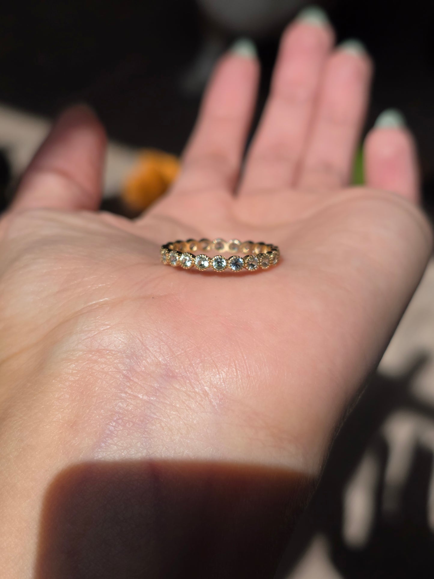 Gorgeous 14k Gold 1.10TCW Pale Blue Sapphire Bezel Set Full Eternity Band Ring Size 7