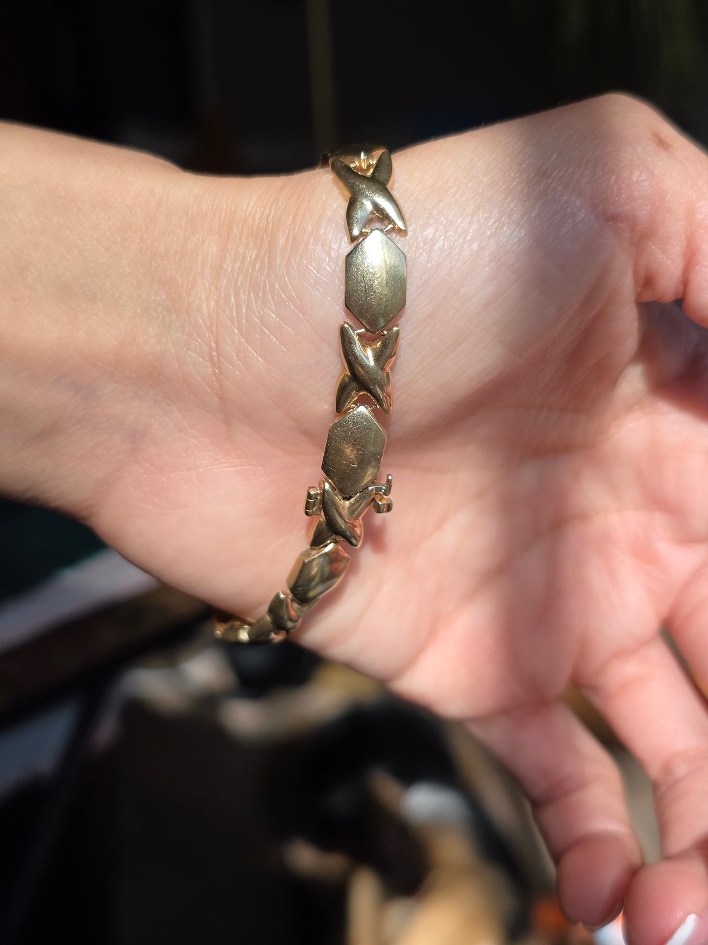 Amazing Two Toned 14k X Link Elongated Hexagon White Gold and Diamond Bracelet 7.5"