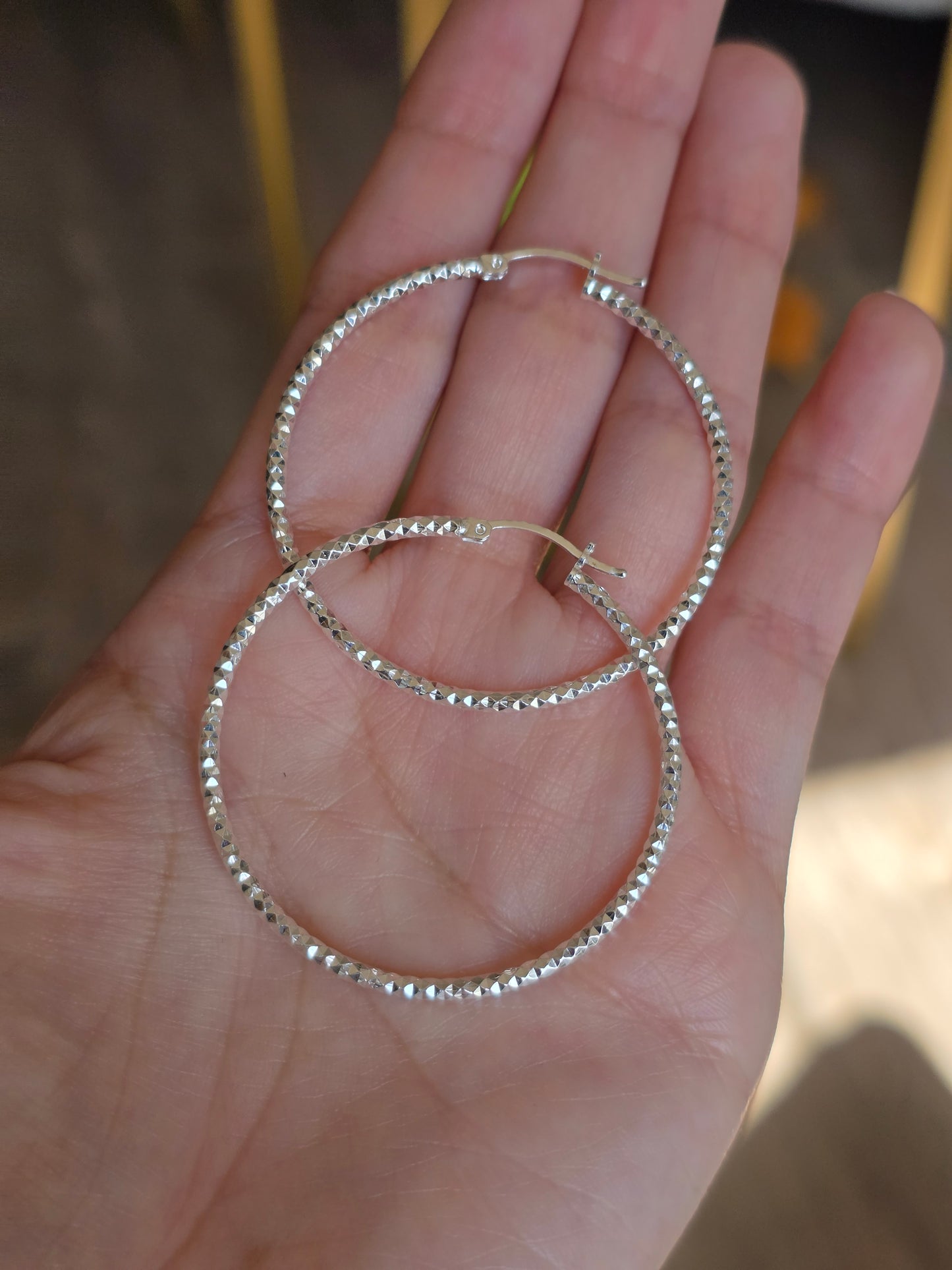 Large 44mm Textured Sterling Silver Hoops Earrings