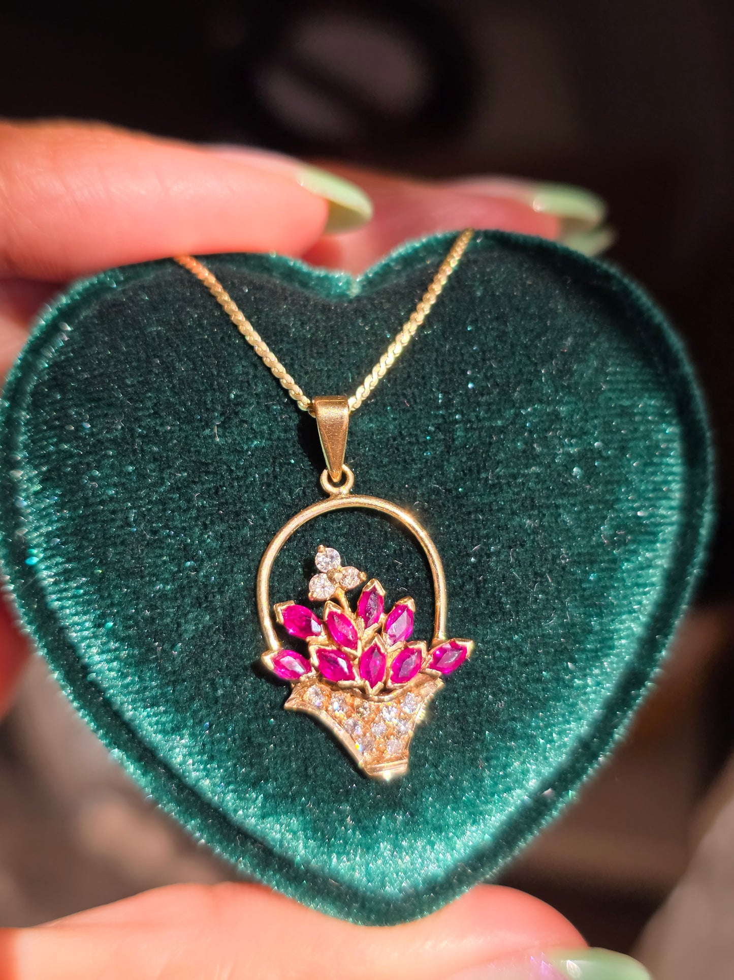 Pretty 14k Gold .82TCW Ruby & Diamond Flowers Basket Pendant (NO CHAIN)