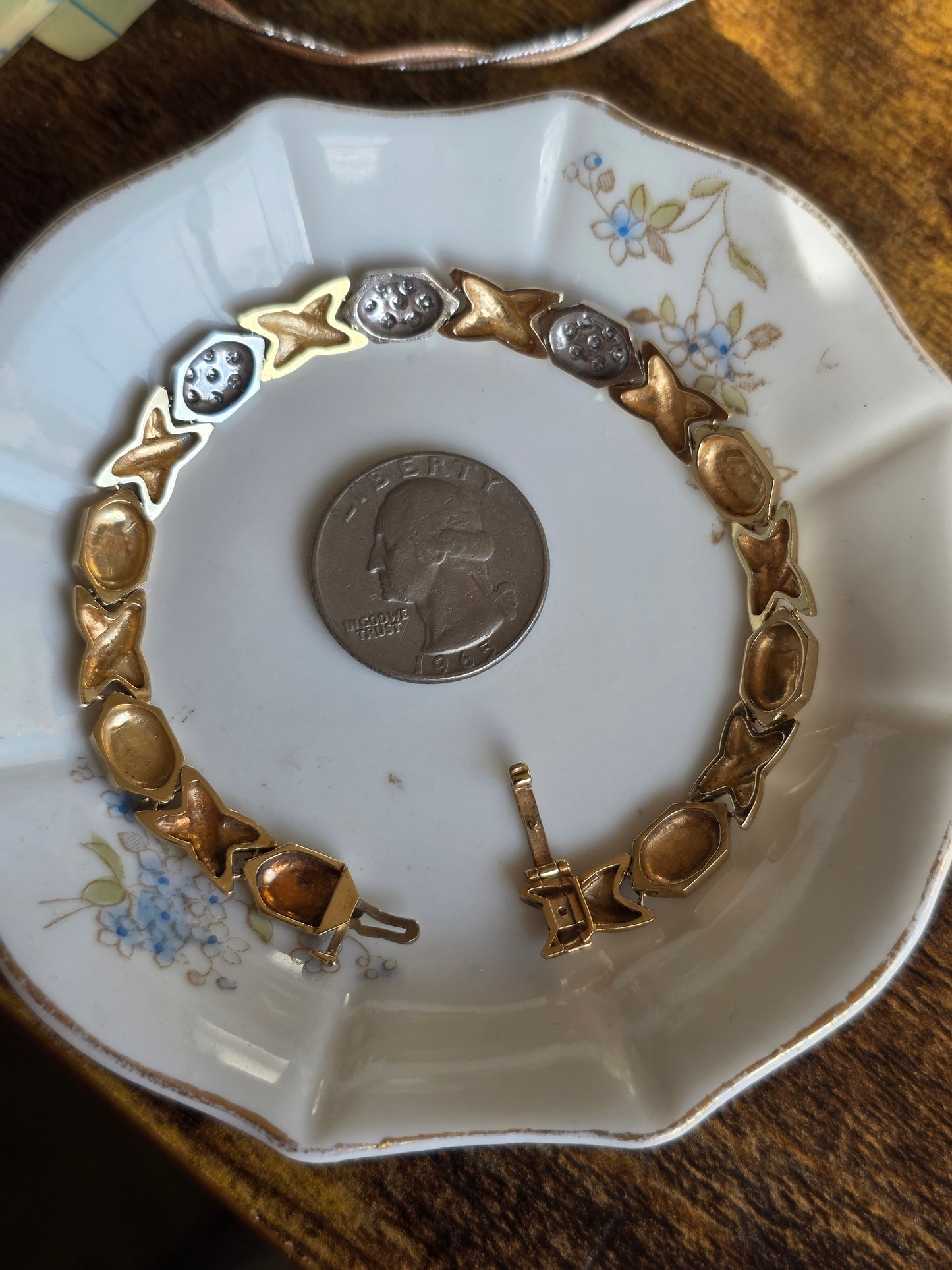 Amazing Two Toned 14k X Link Elongated Hexagon White Gold and Diamond Bracelet 7.5"