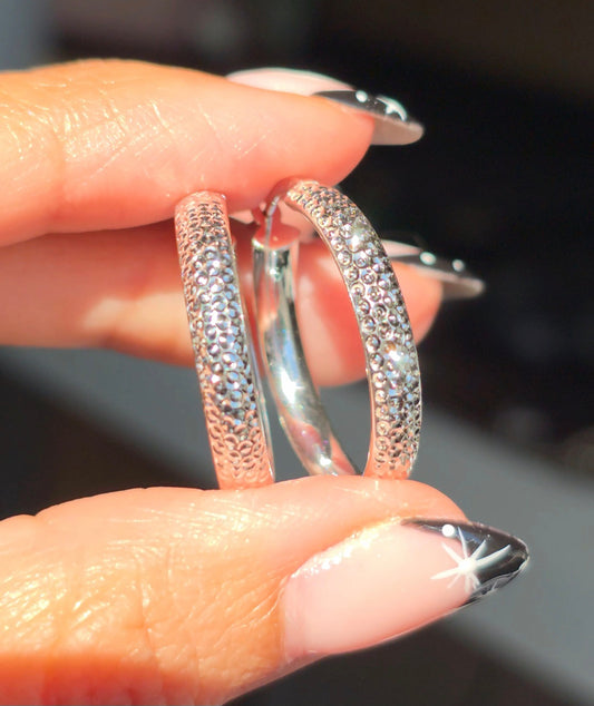 14k White Gold Shimmering Diamond Cut 24mm Hoops