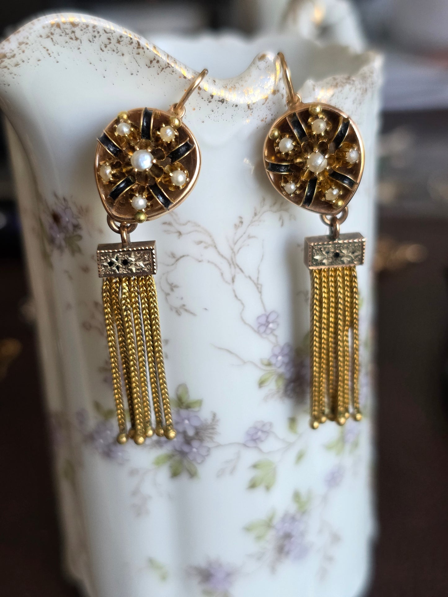 Stunning Victorian Style 14k/10k Seed Pearl & Black Enamel 2-In-1 Convertible Dangle Earrings