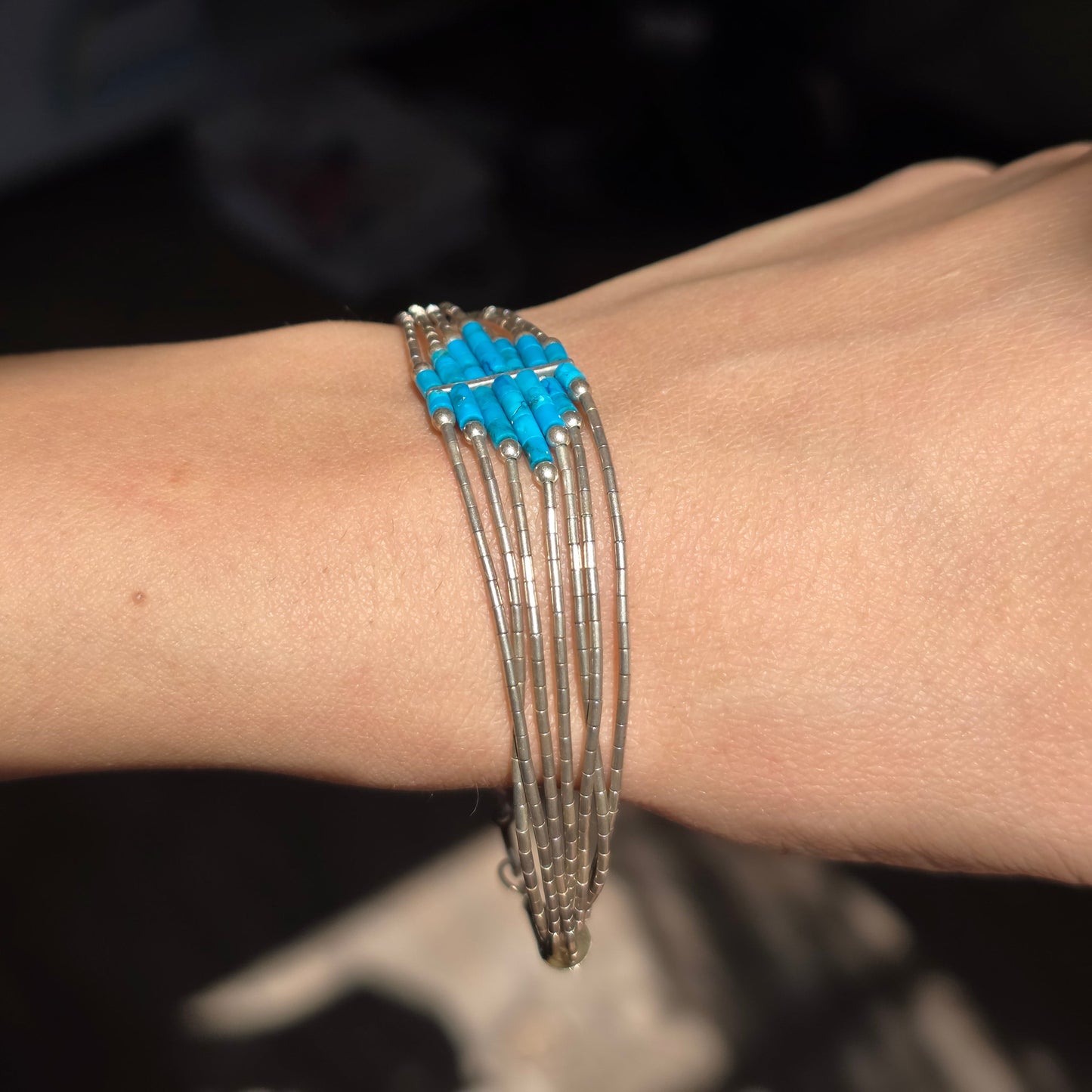 Liquid Silver 925 Sterling Turquoise Bead Geometric Multistrand Bracelet 6.75"
