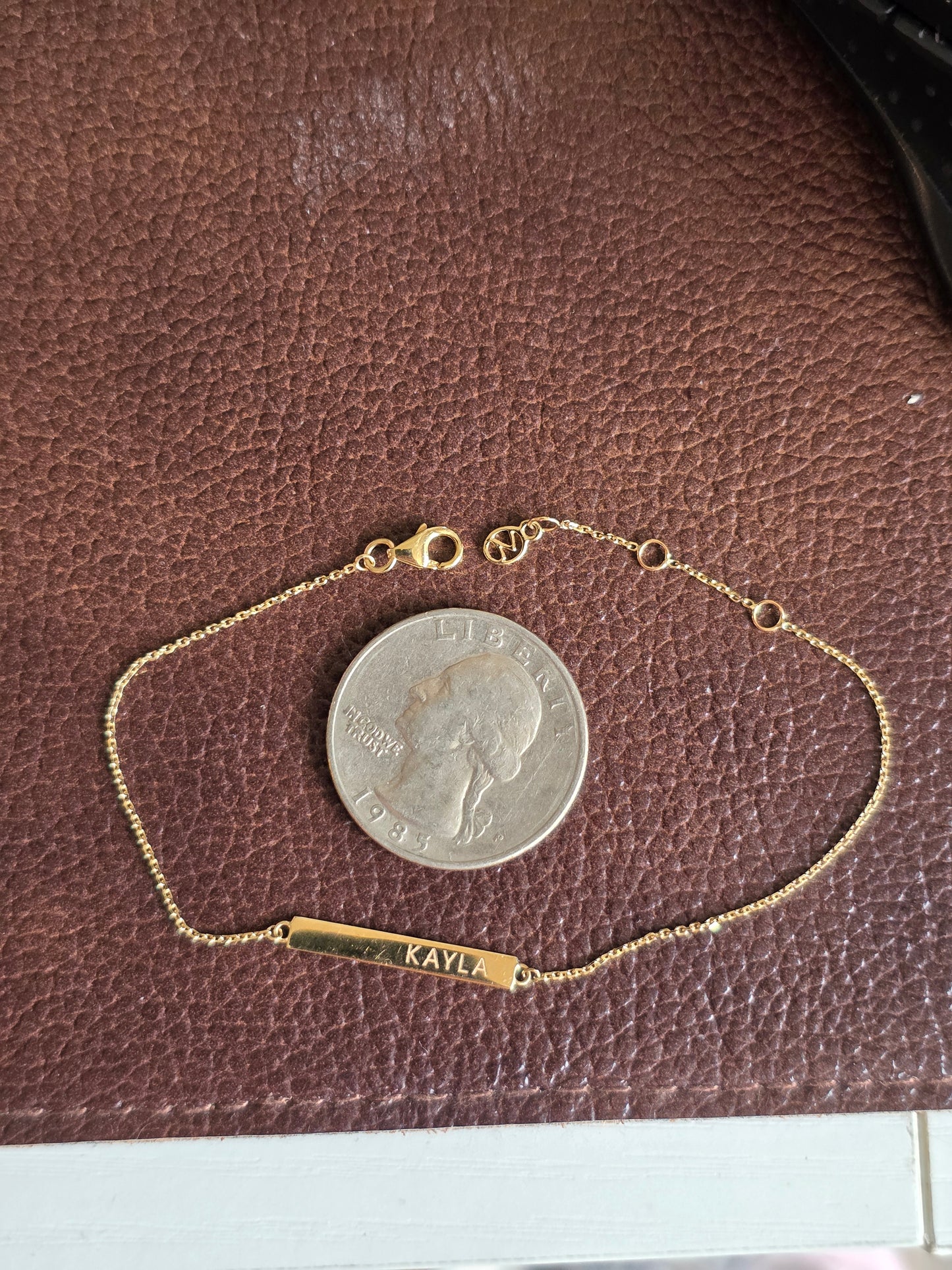 Dainty 14k Gold "KAYLA" Mini ID Bar Name Plate Bracelet Adjustable 7" Biker Chain Link