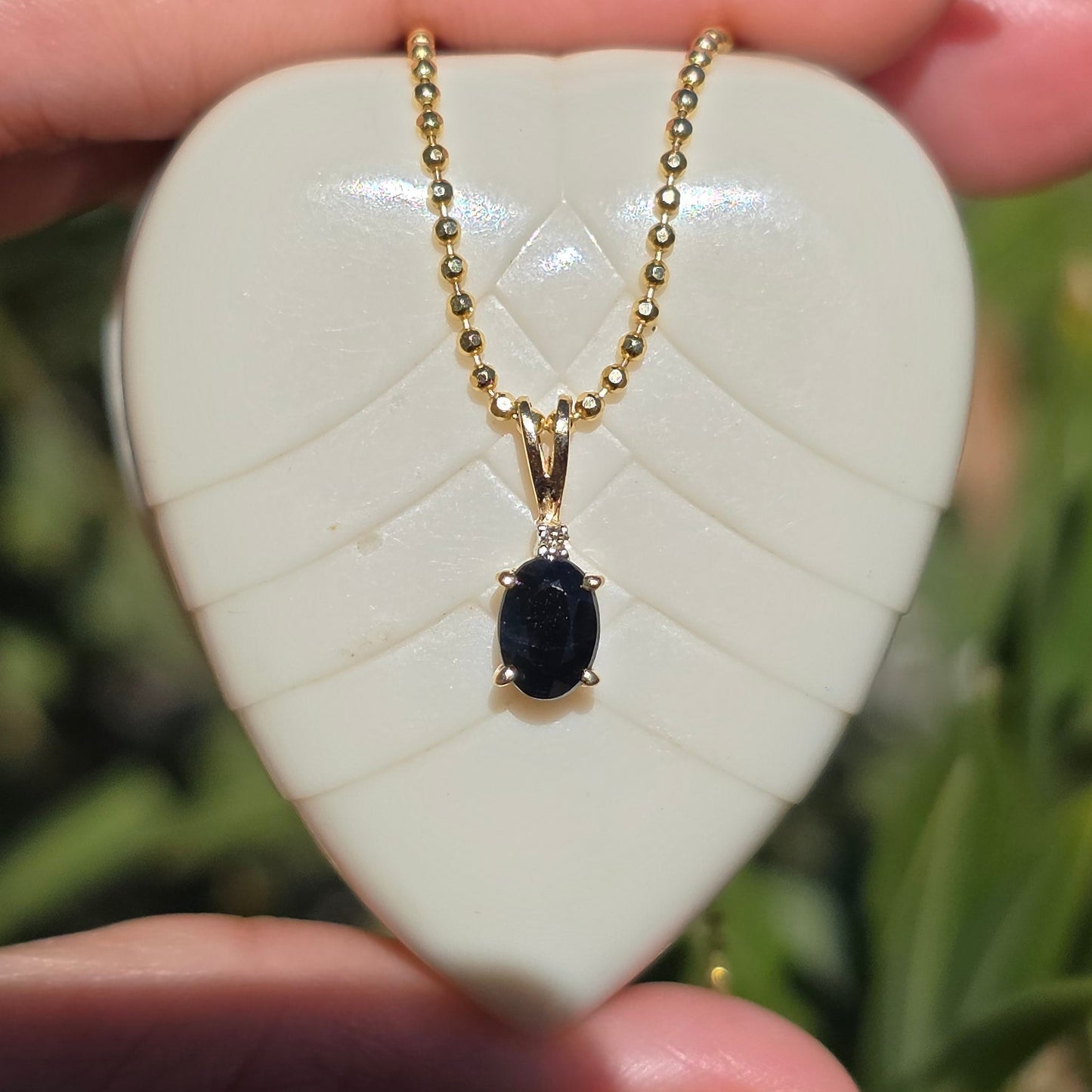 Sweet 14k Gold Oval Dark Blue Gemstone Diamond Accent Dainty Pendant (NO CHAIN)