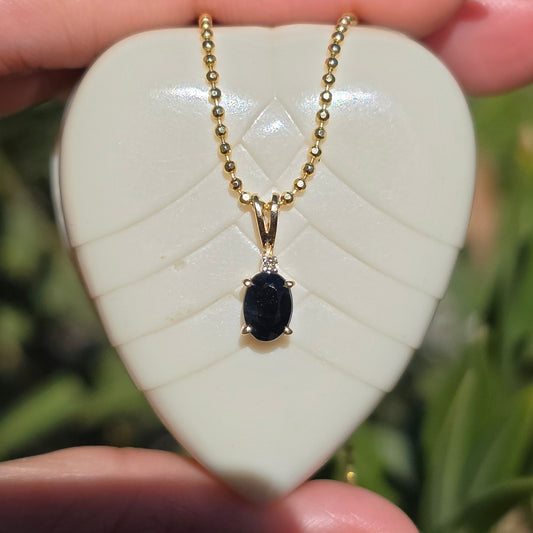 Sweet 14k Gold Oval Dark Blue Gemstone Diamond Accent Dainty Pendant (NO CHAIN)