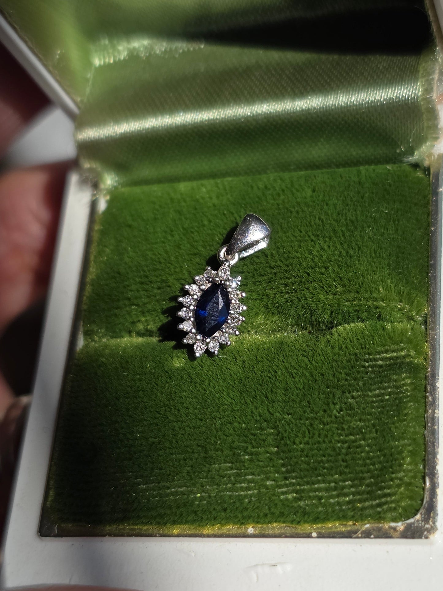 Beautiful Dainty White Gold Sapphire Diamond Pendant With Solid White Gold Cable Link Chain 16" 14k/10k