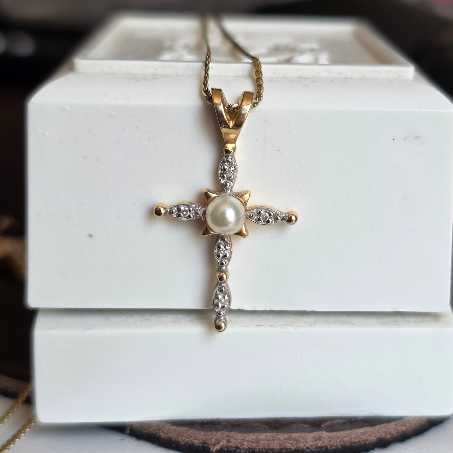 Pretty Pearl and Diamond 14k Gold Cross Pendant (NO CHAIN)