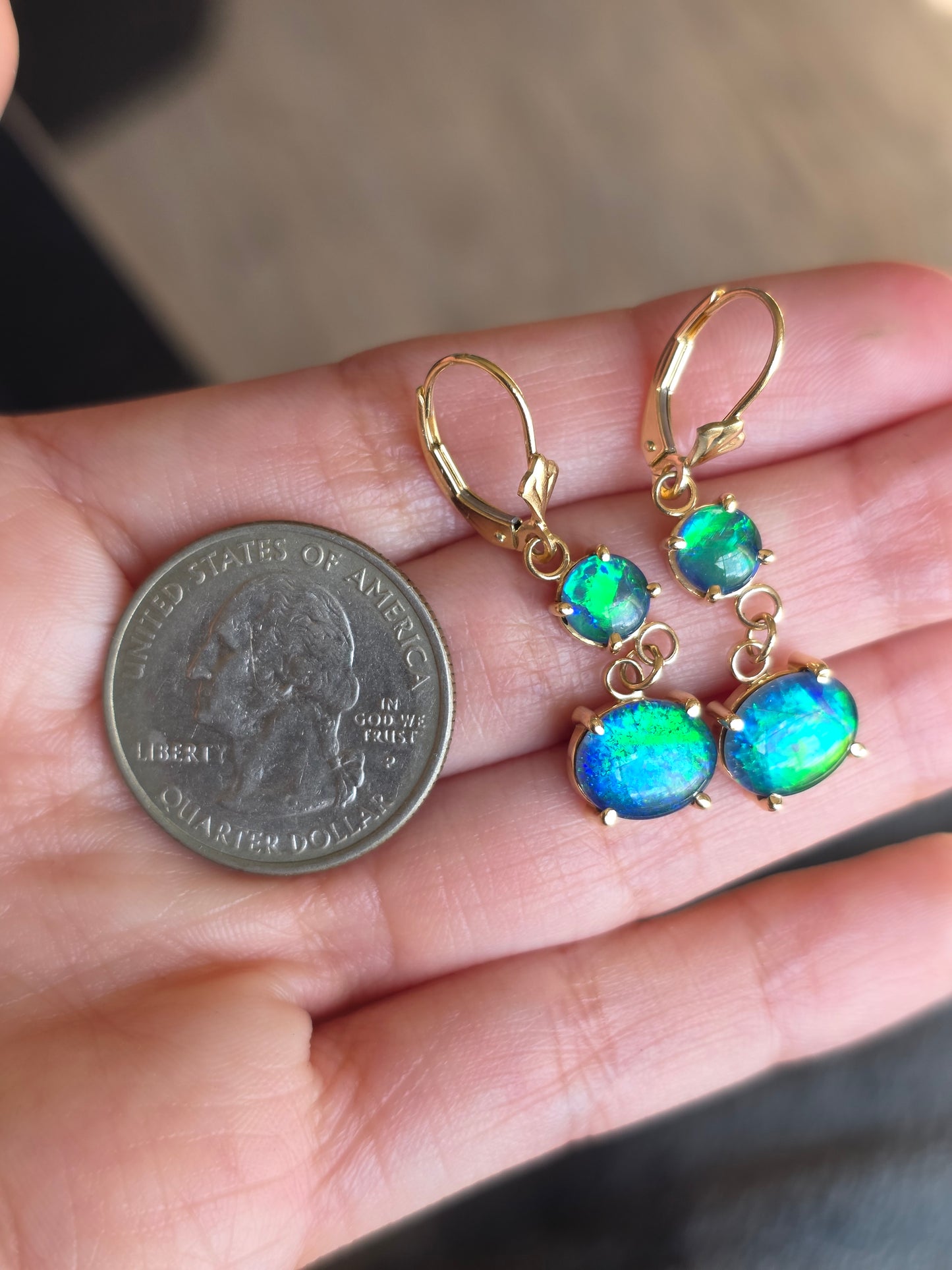 Beautiful Australian Triplet Opal Dangle 14k Gold Earrings