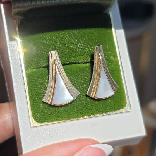 Vintage 14k Gold And Mother of Pearl Modernist Inlay Earrings