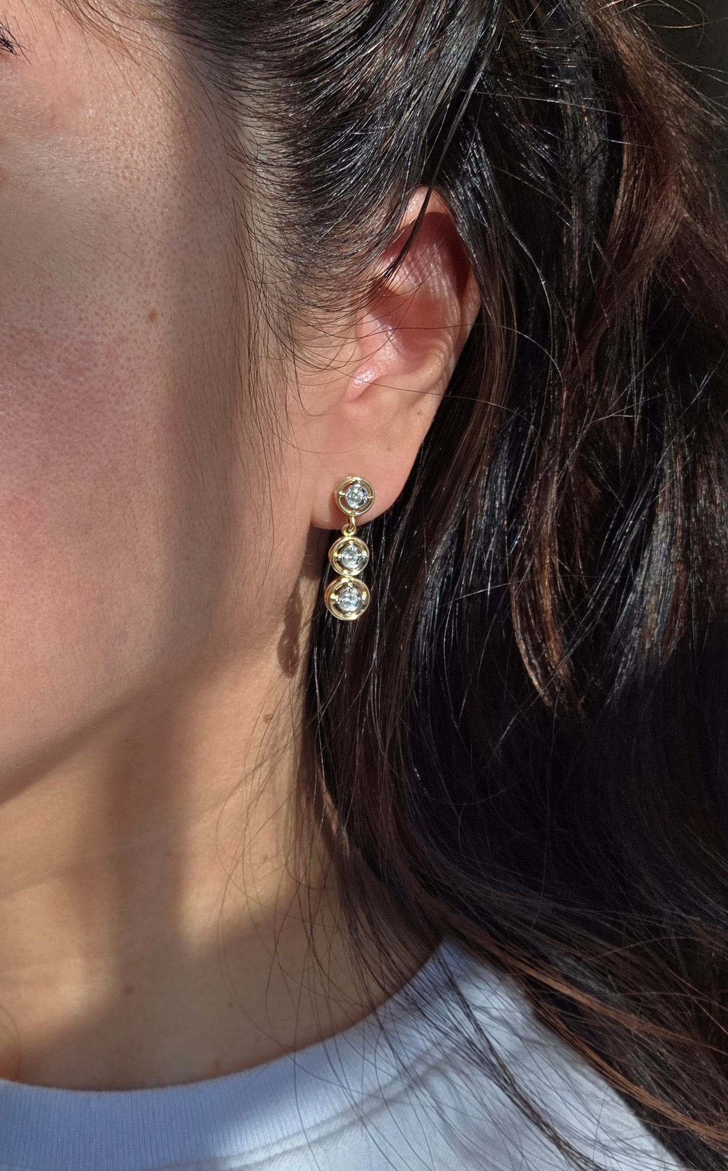 Vintage Inspired 14k Graduated Three Tier Circle Bezel Diamond Drop Dangle Earrings